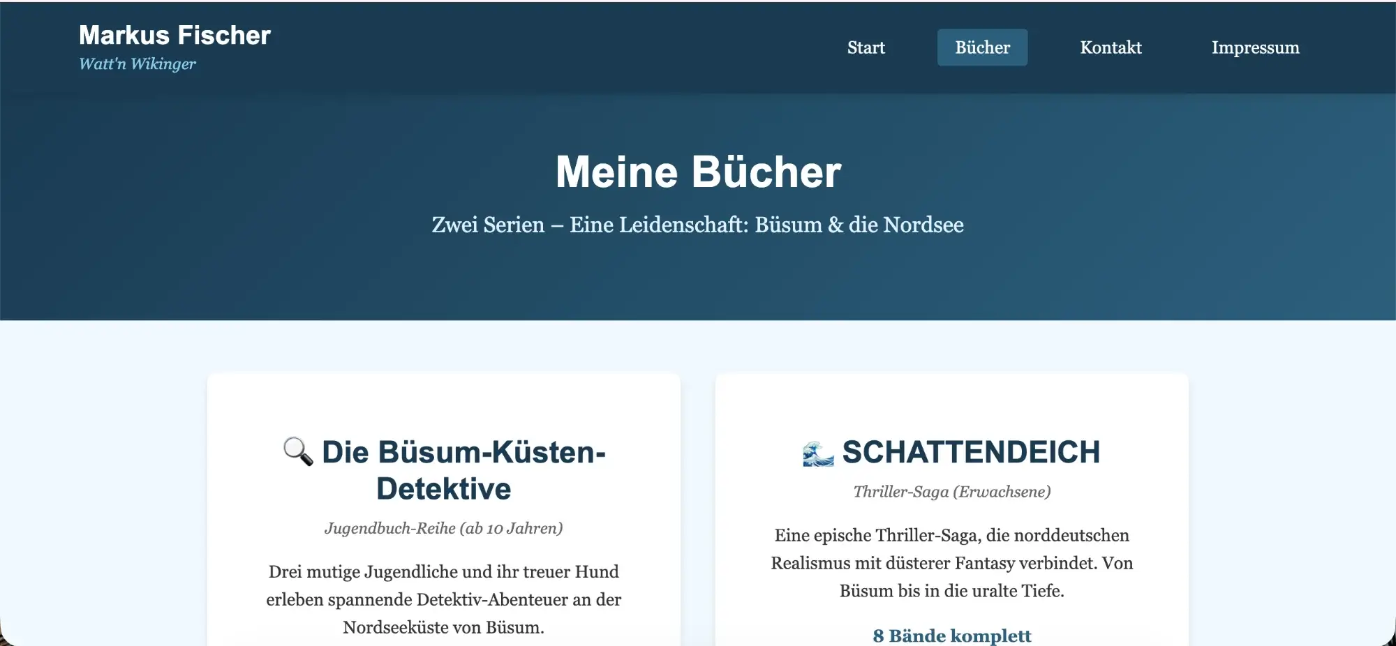 Website-Screenshot: Autor Markus Fischer - emotionale Autorenseite mit persönlicher Biografie und Storytelling
