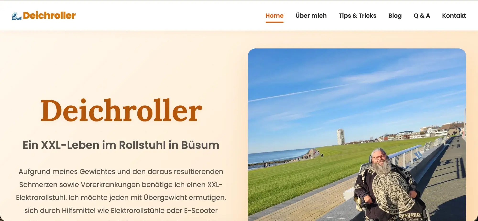 Website-Screenshot: Deichroller - mutmachende persönliche Website über Leben im XXL-Elektrorollstuhl in Büsum