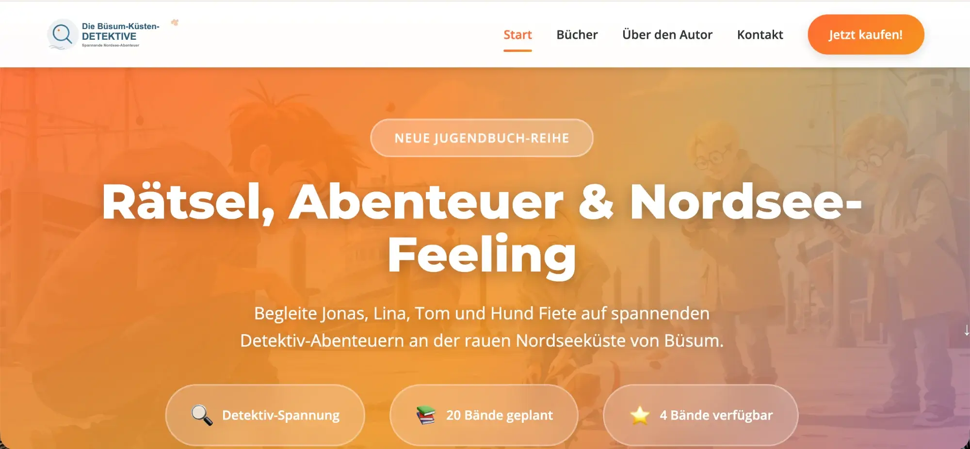 Website-Screenshot: Die Büsum-Küsten-Detektive Jugendbuch-Reihe - moderne Buchseite mit Charaktervorstellungen und Amazon-Integration